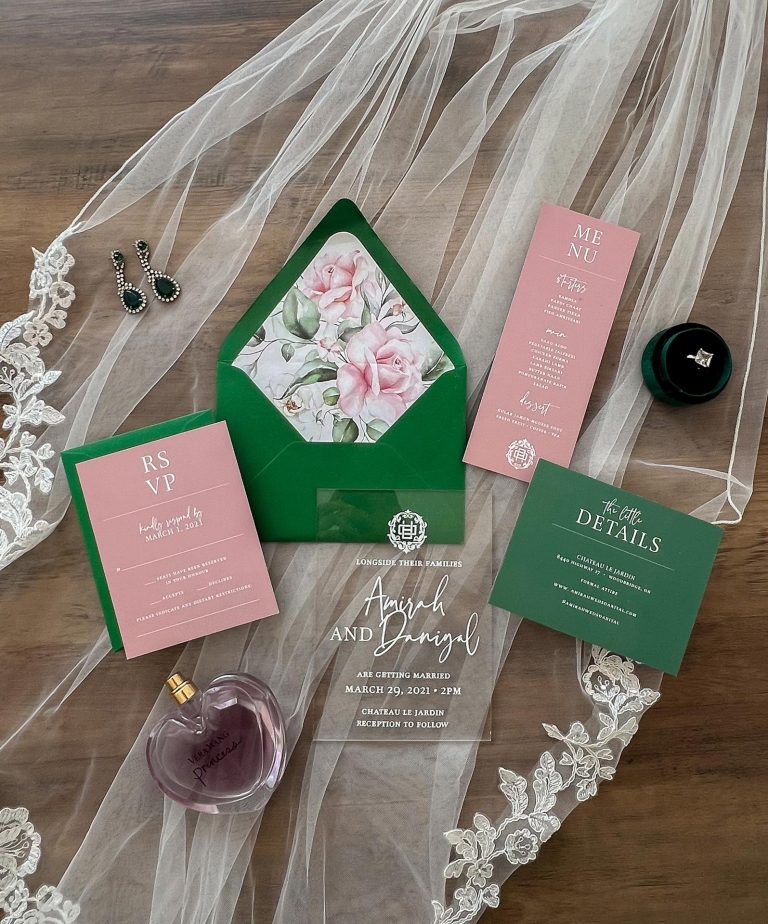 green pink floral wedding invitation 768x924