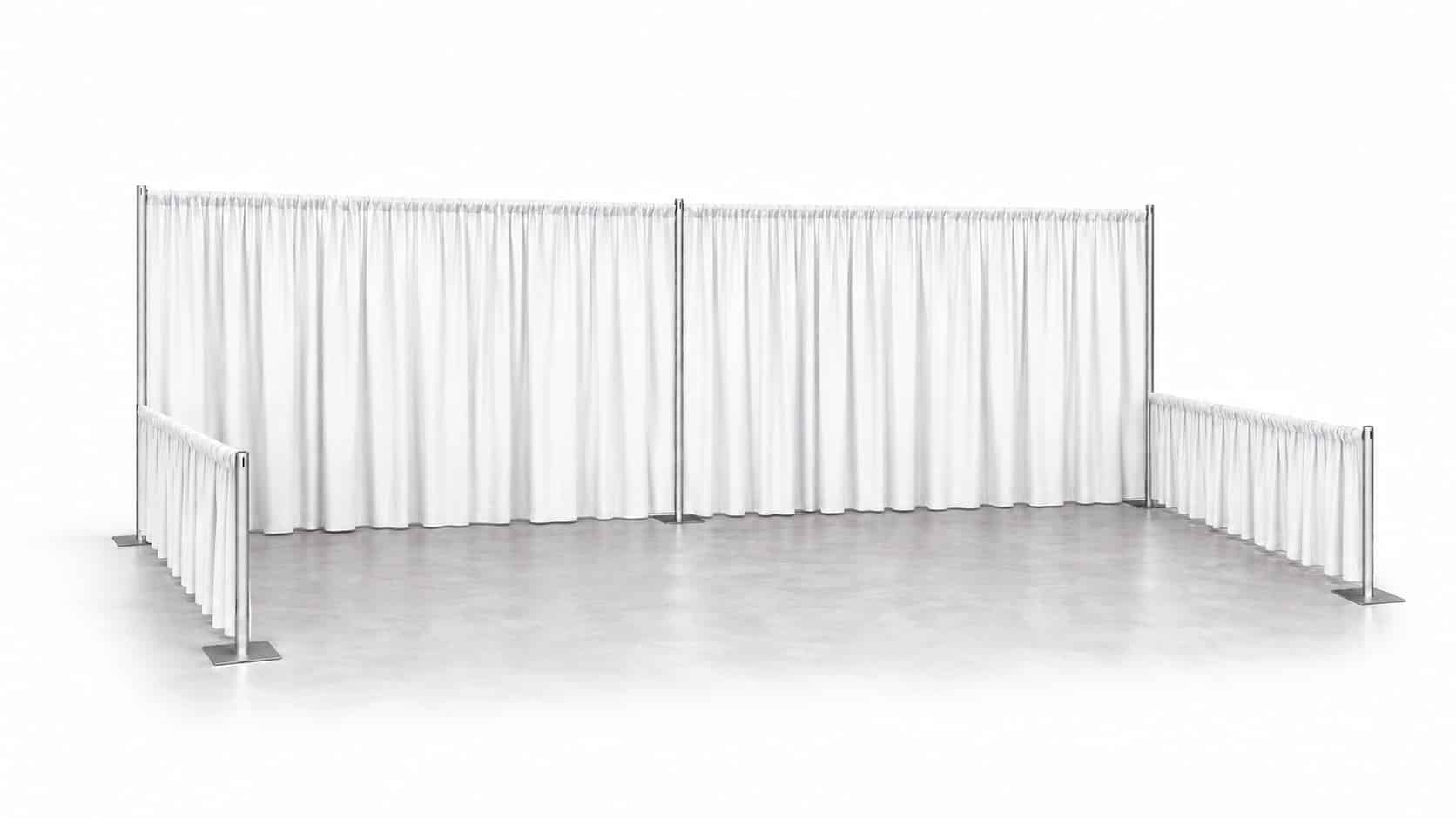20 by 10 foot double booth with pipe and drape back wall and side rails