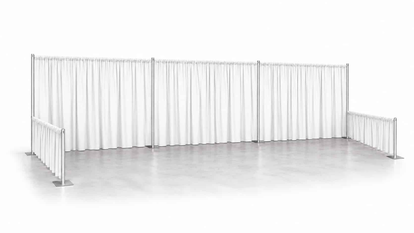 30 by 10 foot triple booth with pipe and drape back wall and side rails