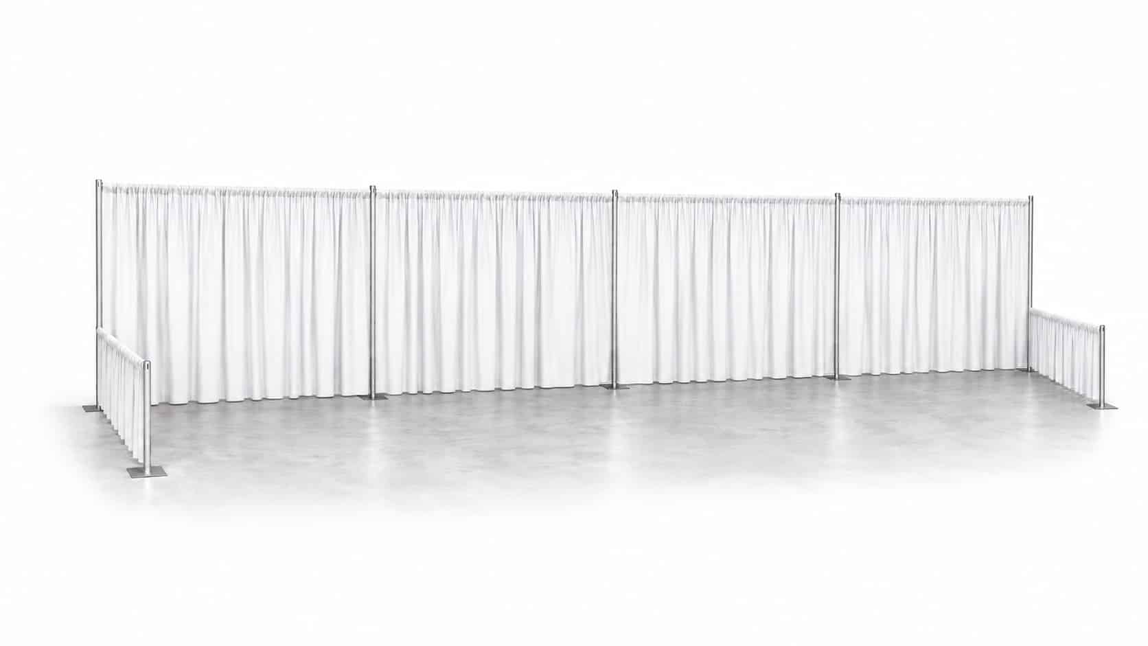 40 by 10 foot quad booth with pipe and drape back wall and side rails